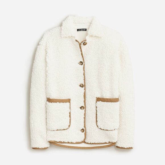 J. Crew Barn Jacket Ivory Faux Sherpa Long Sleeve Outdoor Cozy L - Picture 1 of 13